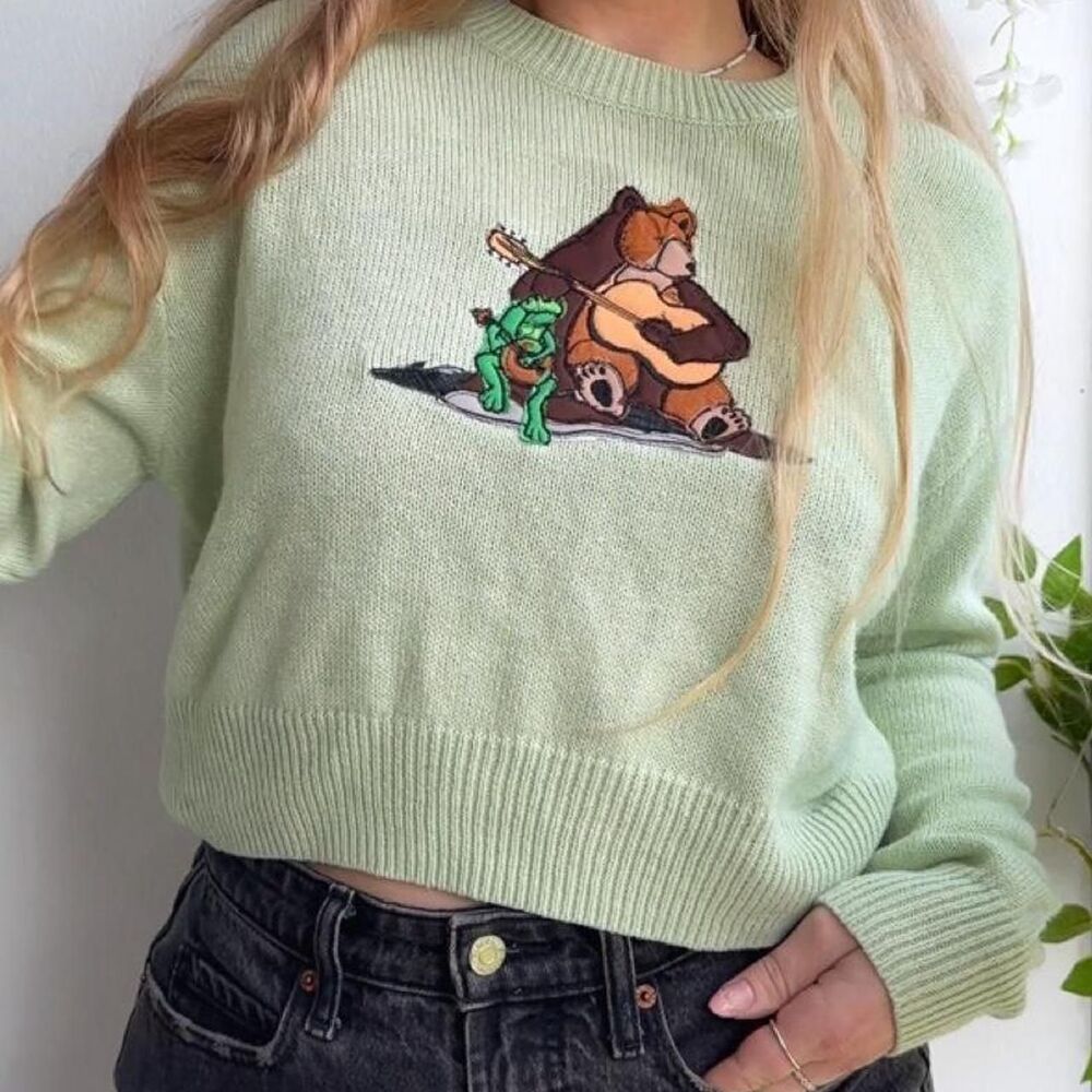 Upcycled patchwork frog bear band embroidered matcha green knit sweater